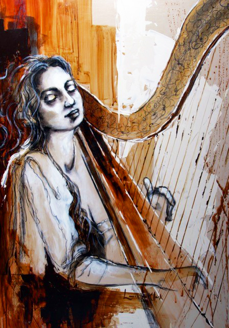 DE207 Wall décor art photographic oil on canvas figures lady playing harp